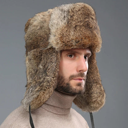 Thick Warm Trapper Hat Men Real Rabbit Fur Earflap Russian Cap Male Plus Size Winter Hats for Men Ski Russian Hat