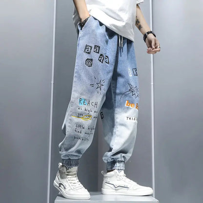 Printing Jeans Men's Gradient Hip Hop Trousers Harem Cartoon Loose Casual Ankle Banded Pants Cargo Denim Jeans Fashion