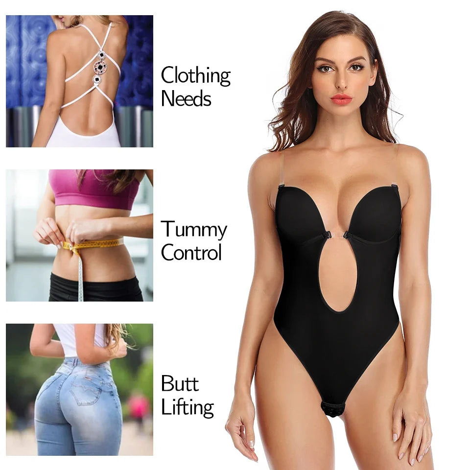Backless Bodysuit Shapewear for Women Built-in Bra Multiple straps Thongs Body Shaper U Plunge Seam-free Faja with Open Crotch