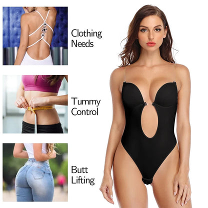 Backless Bodysuit Shapewear for Women Built-in Bra Multiple straps Thongs Body Shaper U Plunge Seam-free Faja with Open Crotch