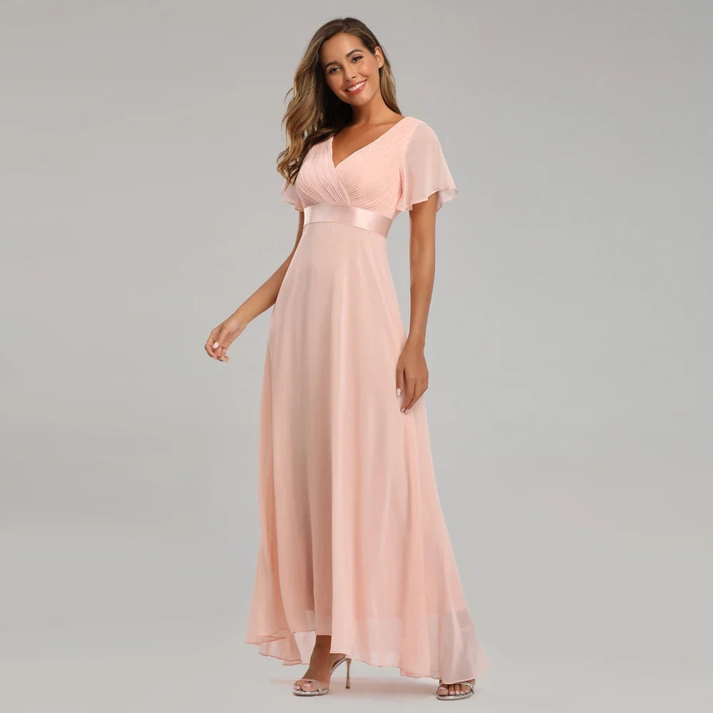 Evening Dresses Elegant V-Neck Ruffles Chiffon Formal Evening Gown  Robe Vestidos De Fiesta Dress for Wedding Party