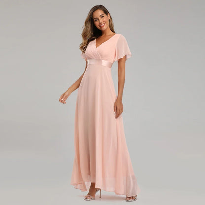 Evening Dresses Elegant V-Neck Ruffles Chiffon Formal Evening Gown  Robe Vestidos De Fiesta Dress for Wedding Party