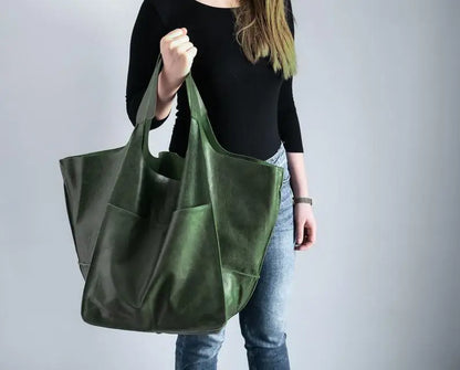 Casual Soft Large Capacity Tote Women Handbags Designer Aged Metal Look Luxury Pu Leather Shoulder Bag Retro Big Shopper Purses