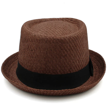 Men Women Classical Straw Pork Pie Hats Fedora Sunhats Trilby Caps Summer Boater Beach Outdoor Travel Party Size US 7 1/4 UK L