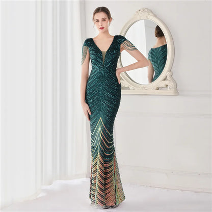 Elegant V Neck Mermaid Evening Dress Long Luxury Beads Women Evening Party Dresses 2025 New Formal Dress 19085