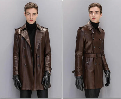 Autumn Black Faux Leather Trench Coat Men Long Sleeve Belt Double Breasted Brown Plus Size Men Clothing 2022 4xl 5xl