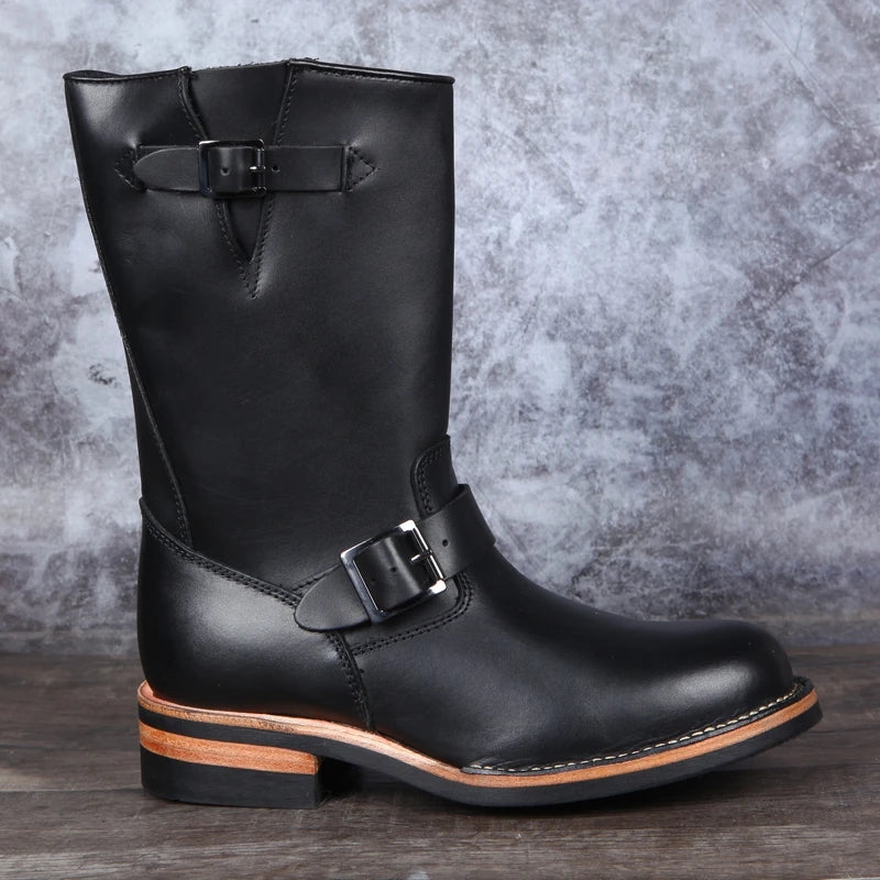 Luxury Men Work Genuine Leather High Top Boots Slip-On Biker Knight Boots Winter Mid-Calf Boots Zapatos De Hombre Work Shoes