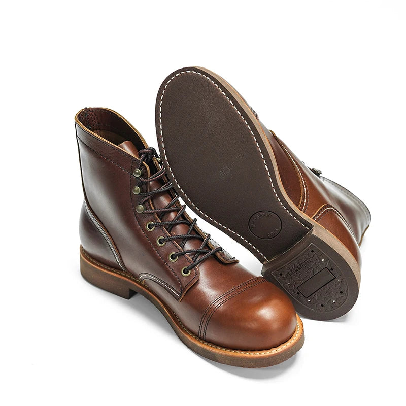 Durable Goodyear-Welted Motorcycle Rugged Heritage Boots Vintage Oil Genuine Leather 8111 Red Punk For Men Cowhide Mid-Cut Shoes