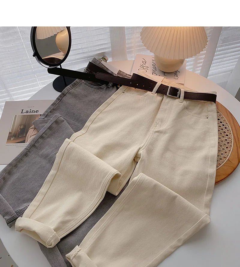 Straight Jeans Women with Belt Vintage Basic Blue Ankle-length Denim Pants Boyfriend Gray Jeans Korean 2021