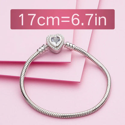 Authentic 100%  925 Sterling Silver Snake Chain Bangle & Bracelet with CZ Love Heart Clasp Charms Bracelets for Women