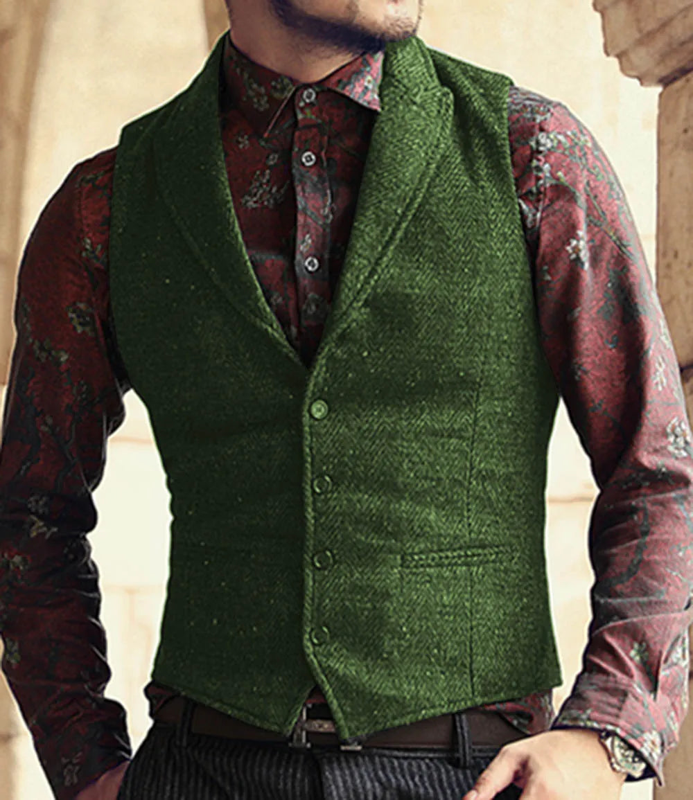 Men's Classic Suit Vest Herringbone Pattern Business Waistcoat Notch Lapel Wool Tweed Groomsmen Waistcoat For Wedding