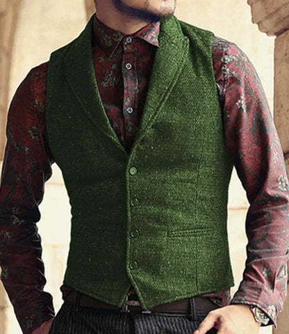 Men's Classic Suit Vest Herringbone Pattern Business Waistcoat Notch Lapel Wool Tweed Groomsmen Waistcoat For Wedding