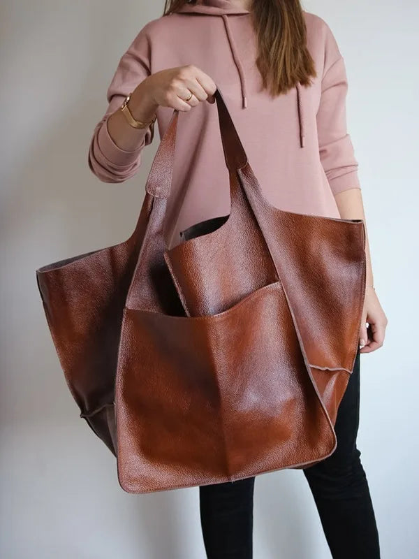 Casual Soft Large Capacity Tote Women Handbags Designer Aged Metal Look Luxury Pu Leather Shoulder Bag Retro Big Shopper Purses