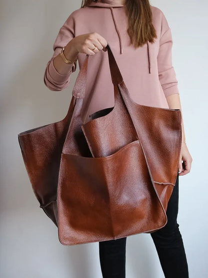 Casual Soft Large Capacity Tote Women Handbags Designer Aged Metal Look Luxury Pu Leather Shoulder Bag Retro Big Shopper Purses