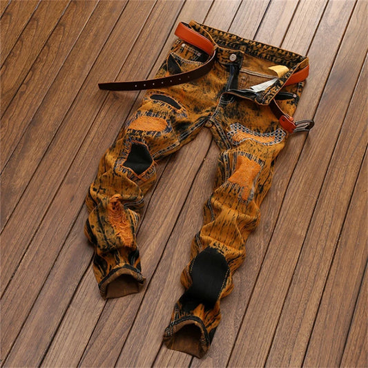 3D Black Patch Brown Jeans Men's High Street Pure Cotton Frayed Hole Fishing Net Decoration Elastic Comfortable Pants New