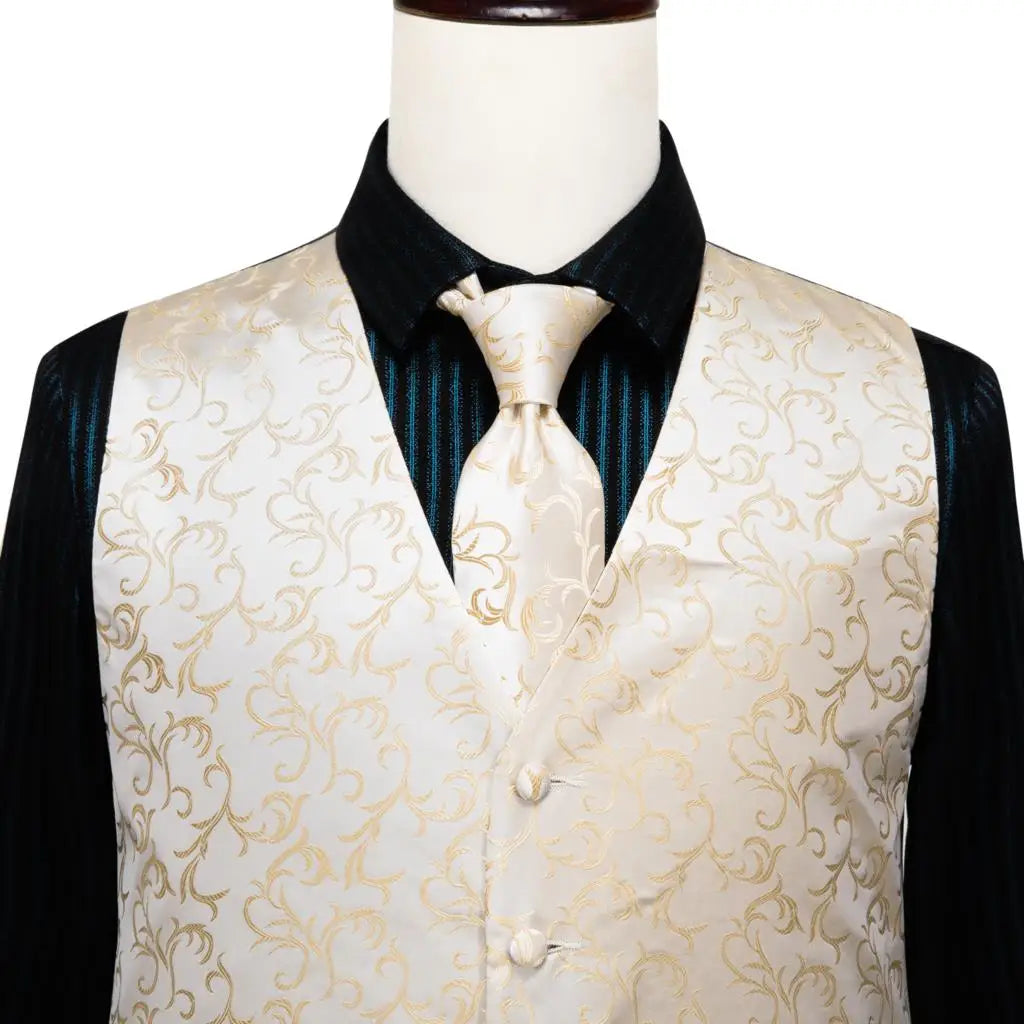 Fashion Silk Vest For Men Classic Gold Champane Yellow Waistcoat Jacket Tie Hankerchief Cufflinks Sets Dress Suit Wedding Hi-Tie