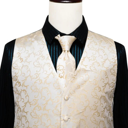 Fashion Silk Vest For Men Classic Gold Champane Yellow Waistcoat Jacket Tie Hankerchief Cufflinks Sets Dress Suit Wedding Hi-Tie