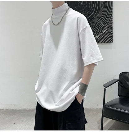 Streetwear Turtleneck Men Tshirt Solid Hip Hop Male Oversized T Shirts Man Casual Short Sleeve Top Tees Black/White/Purple