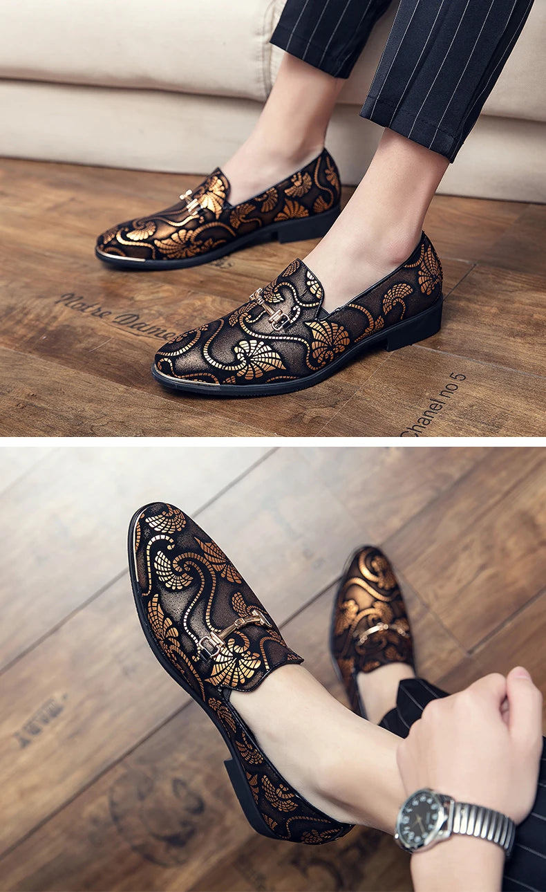 New Men Dress Leather Shoes For Men Luxury British Gold Blue National Pattern Oxfords Classic Gentleman Wedding Prom Shoes