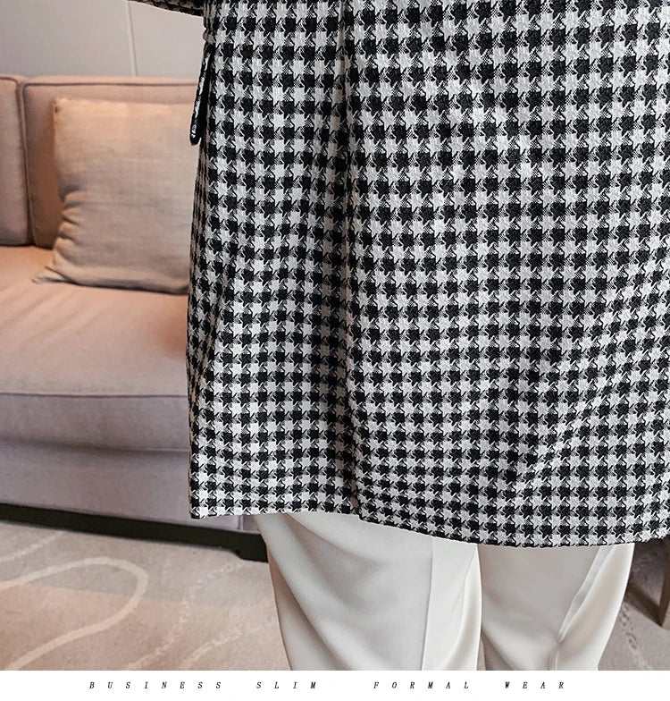 British Style Slim Fit Houndstooth Blazer For Men 2023 Fashion Double Breasted Business Office Wedding Dress Suit Jacket