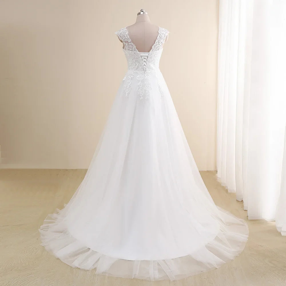 Amazing Wedding Dress Plus Size Customized V neck Cap Sleeve A Line Gowns Tulle Lace Applique Robe De Mariee Bridal Gown