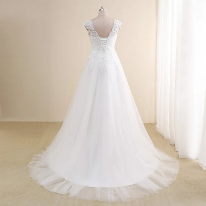Amazing Wedding Dress Plus Size Customized V neck Cap Sleeve A Line Gowns Tulle Lace Applique Robe De Mariee Bridal Gown
