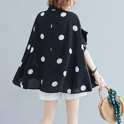 Black Vintage Polka Dot Print Blouse Women New Chiffon Lapel Short Sleeve Loose Casual Shirt Tops Fashion Summer Clothes 2026