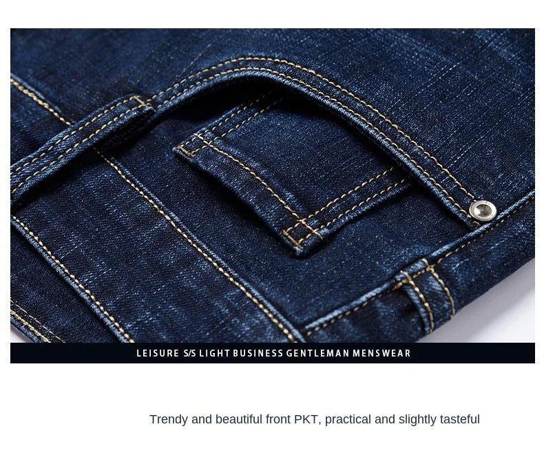 2024 autumn spring fitted straight stretch denim jeans classic style badge youth men's business casual jeans trousers