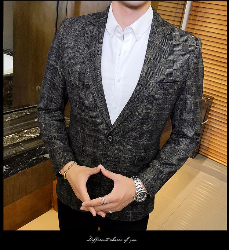 British's Style Vintage Plaid Blazer Men Casual Slim Fit Suit Jacket Single Button Business Social Blazer Plus Size M-5XL Hombre