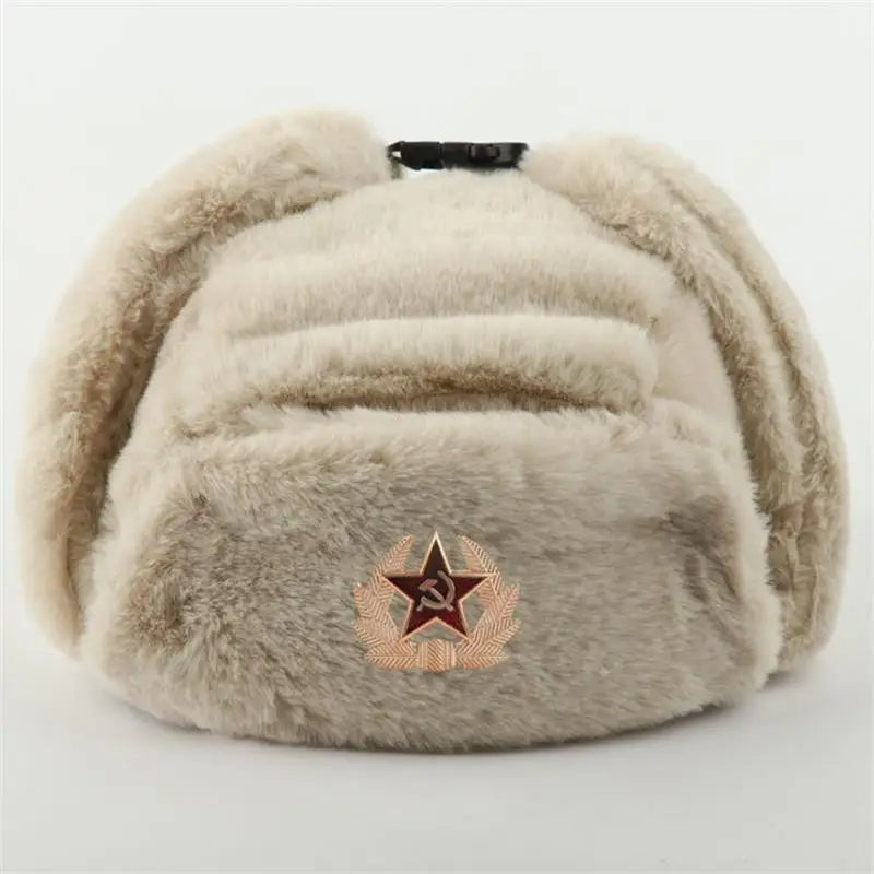 Soviet Badge Ushanka Men&Women Bomber Hats CCCP Army Pilot Trapper Trooper Hat Winter Faux Rabbit Fur Earflap Snow Caps