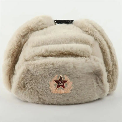 Soviet Badge Ushanka Men&Women Bomber Hats CCCP Army Pilot Trapper Trooper Hat Winter Faux Rabbit Fur Earflap Snow Caps