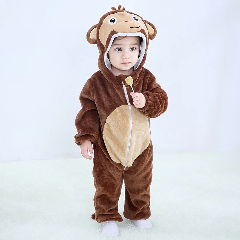 Winter Baby Rompers Baby Pijamas Panda Tiger Leopard Monkey Fox Animal Cartoon Hooded Jumpsuits Cosplay Costume Boys Girl Pajama