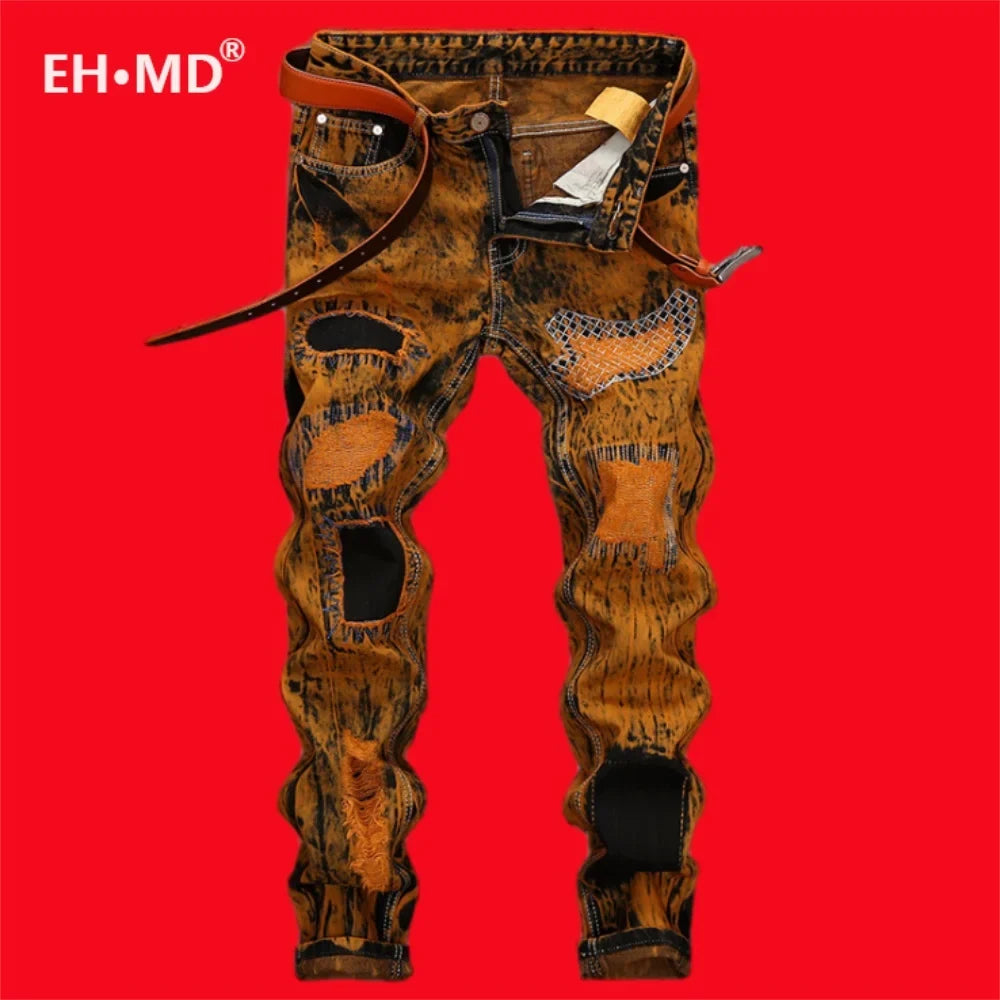 3D Black Patch Brown Jeans Men's High Street Pure Cotton Frayed Hole Fishing Net Decoration Elastic Comfortable Pants New