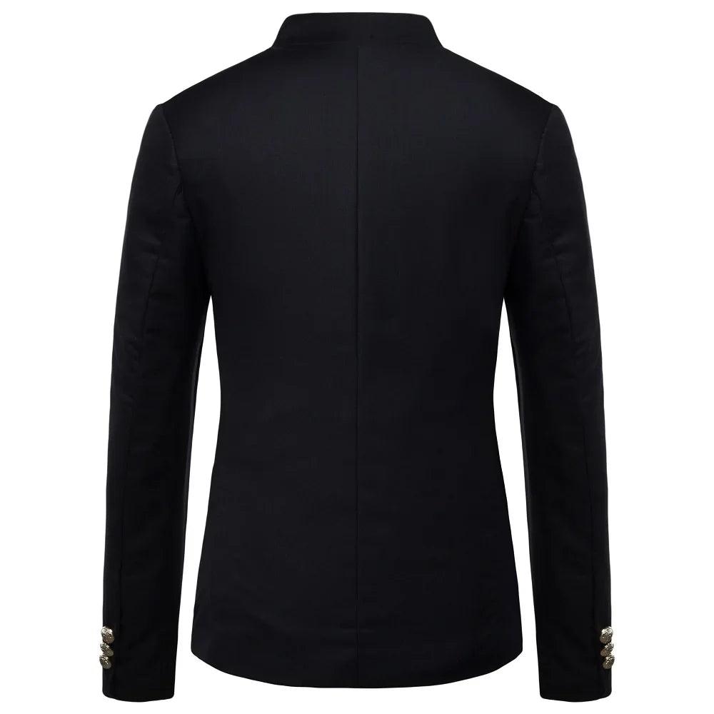 Men's Black Stand Up Collar Blazer Coat, Wedding Party Dress Jacket, Asia Sizes Slim-Fit Single Breasted Jaqueta, Blue Red Tops.