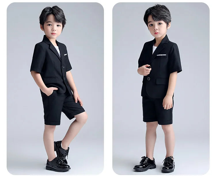 Boys Summer Blazer Jacket +Shorts 2PCS Clothing Set School Kids Wedding Tuxedo Dress Children Chorus Performance Dress Costume
