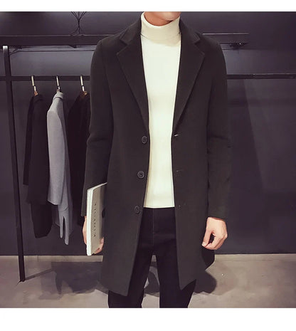 Men Long Cotton Coat 2025 Autumn Winter Wool Blend Pure Color Business Casual Slim Fit Windbreaker Jacket Fashion Men Clothing