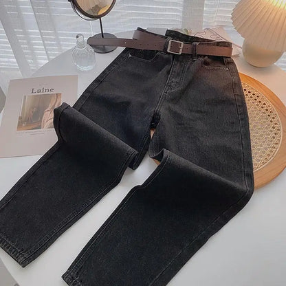 Straight Jeans Women with Belt Vintage Basic Blue Ankle-length Denim Pants Boyfriend Gray Jeans Korean 2021