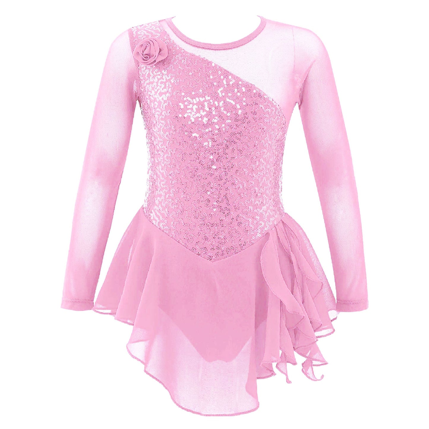 Girls Figure Ice Skating Dress Sparkly Sequin Gymnastics Dance Ballet Tutu Leotard Kids Long Sleeve Mesh Splice Dance Costume