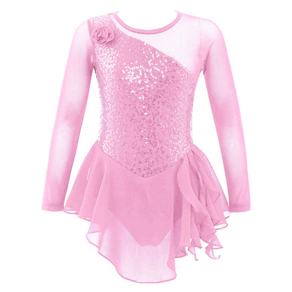 Girls Figure Ice Skating Dress Sparkly Sequin Gymnastics Dance Ballet Tutu Leotard Kids Long Sleeve Mesh Splice Dance Costume