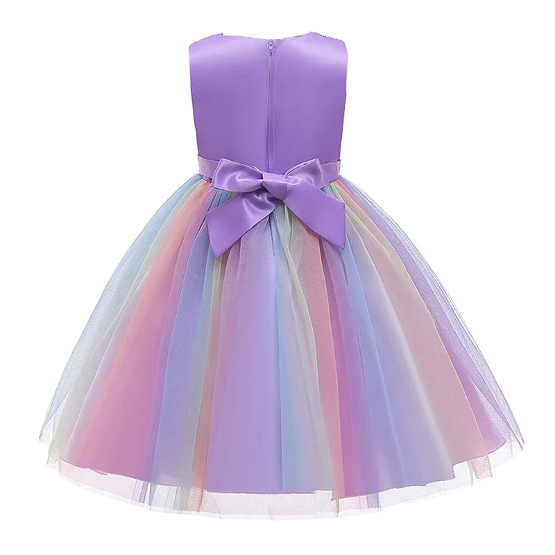 2026 Sequins Girls Dress Summer Flower Fashion Rainbow Mesh Little Princess Dresses For Piano Performance Costume Kids Clothes