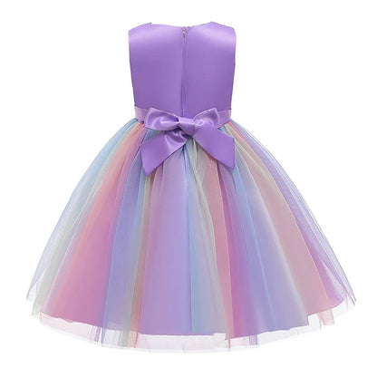 2026 Sequins Girls Dress Summer Flower Fashion Rainbow Mesh Little Princess Dresses For Piano Performance Costume Kids Clothes