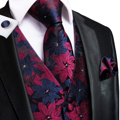 Jacquard Mens Suit Vests Gold Solid Plain 4PC Waistcoat Tie Hanky Cufflinks Set Business Wedding Dress Waist Jacket
