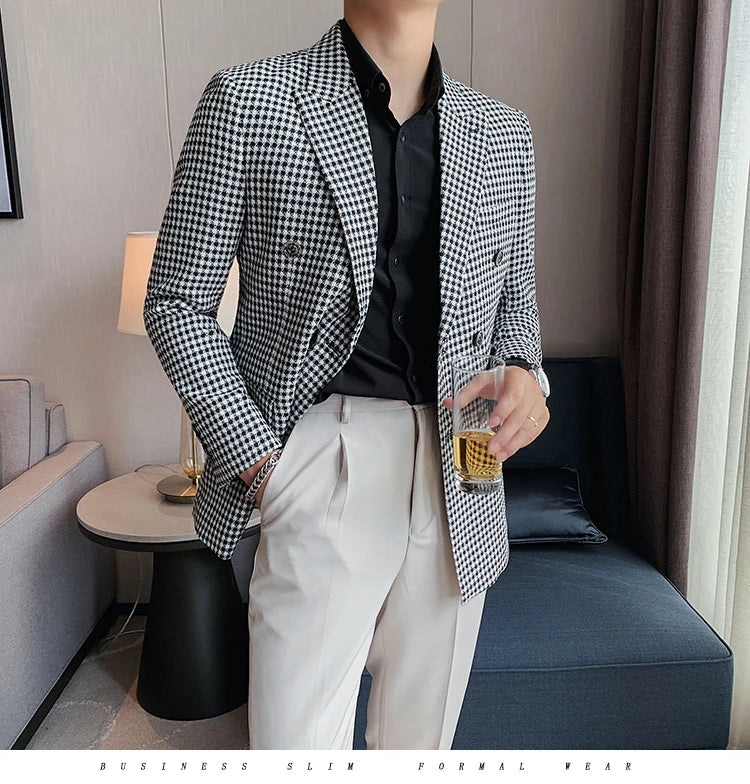 British Style Slim Fit Houndstooth Blazer For Men 2023 Fashion Double Breasted Business Office Wedding Dress Suit Jacket
