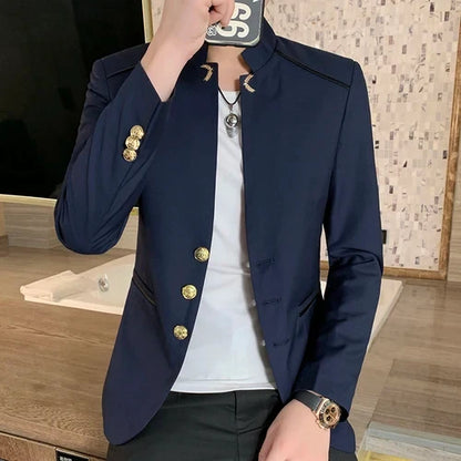 2026 New Men's Black Blazers Coat, Masculino Single Breasted Stand Up Collar Men Long-Sleeved Terno Jacket, Blue Red Overcoat