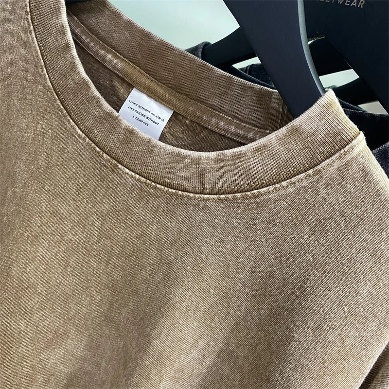 2025 High Street Summer Washed Cotton T-Shirt Tees For Men Unisex Loose Retro Solid T Shirts Brand Tops HY0113