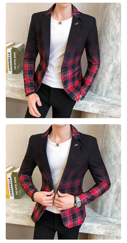 2022 Spring New Colorblock Plaid Blazer Men Slim Casual Man Blazers Wedding Business Party Clothing Dress Coat Blazer M-3XL