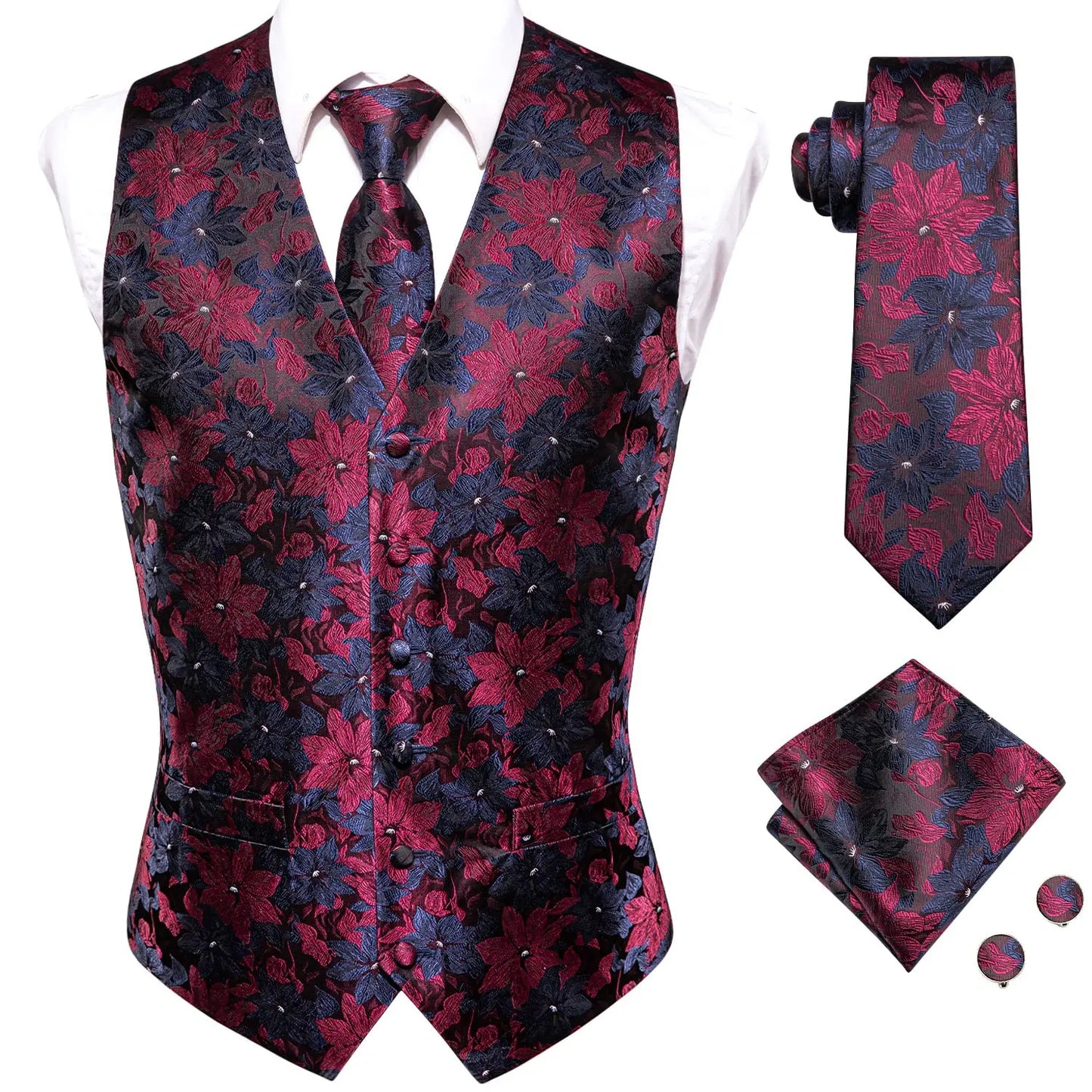 Luxury Silk Mens Vests Rose Gold Pink Striped Waistcoat Necktie Bowtie Hanky Cufflinks Set Waist Jacket For Men Wedding