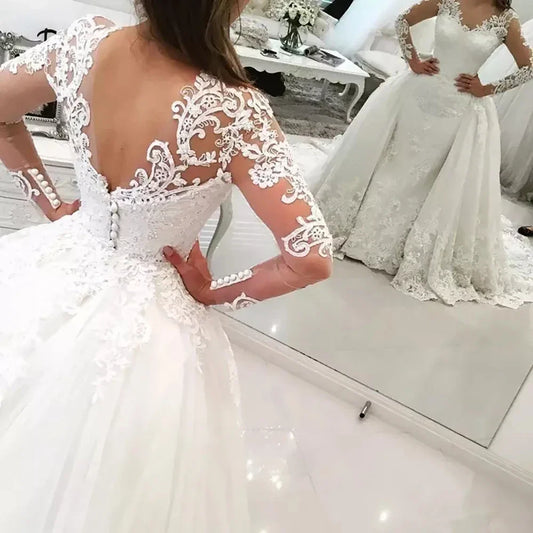 2023 New 2 in 1 Arabic Amazing Detachable Train Mermaid Wedding Dress G03 Long Sleeve Lace Bridal Wedding Gowns