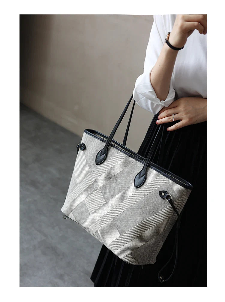 Women's Fashion Shoulder Bag Luxury Designer Handbag Large Capacity Canvas With Genuine Leather Tote For Shopping,Commuting,Work