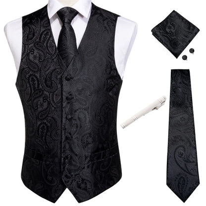 Classic Black Wedding Vest for Men Suit Vest Tie Ring Cufflinks Hanky Set for Party Formal Dress Business Casual Waistcoat